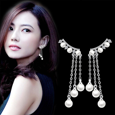 #ad 925 Sterling Silver Stud Earrings Pearl Dangle Tassel Earrings Womens Jewelry