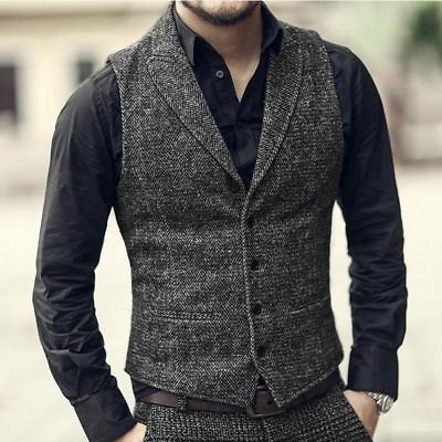 #ad Retro Mens Business Formal Dress 100% Wool Vest Slim Fit Casual Short Waistcoat