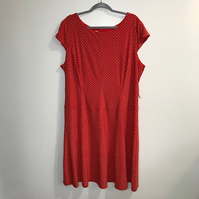 #ad Anne Klein Red Tan Polka Dot Dress Plus Size 20W Drop Waist Cap Sleeve Stretch