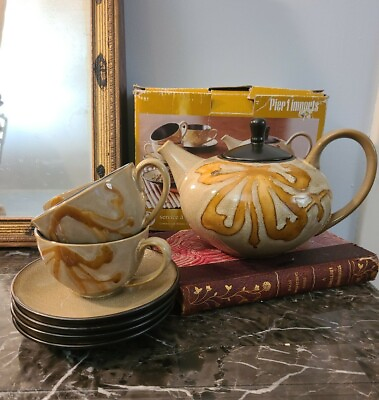 #ad Pier 1 Imports Kioko Stoneware Tea Set Teapot 4 Cups amp; Saucers Hand Painted