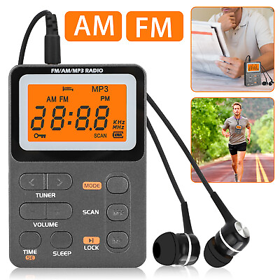 #ad Portable Pocket Digital LCD AM FM Radio Stereo MP3 USB Rechargeable w Earphones