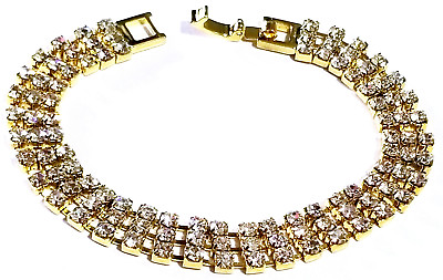 #ad 3 Row Rhinestone Crystal Bracelet Gold Tone Bridal Pageant Prom Stage Jewelry