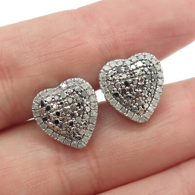 #ad 925 Sterling Silver Real Round Cut Diamond Heart Earrings