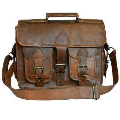 #ad Laptop Bag Men#x27;s Genuine Vintage Brown Leather Messenger Shoulder Briefcase