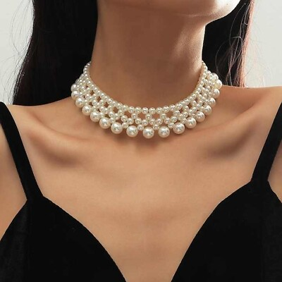 #ad Handcrafted Chunky White Large Faux Big Pearl New Bib Necklace Statement Jewelry