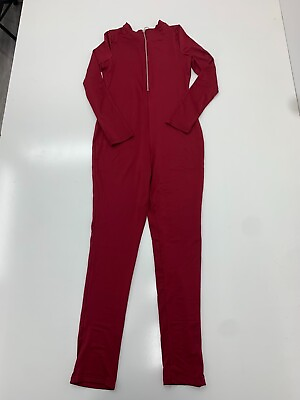 #ad Womens Dark Red Front Zip Long Sleeve Jumpsuit Size Large