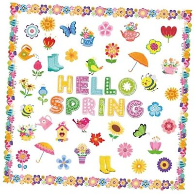 #ad 100 Pcs Flower Cut Outs Spring Bulletin Board Decorations with 200 Hello Spring