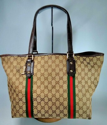 Authentic GUCCI Sherry Line Shoulder Tote Bag Canvas Leather Brown $230.00