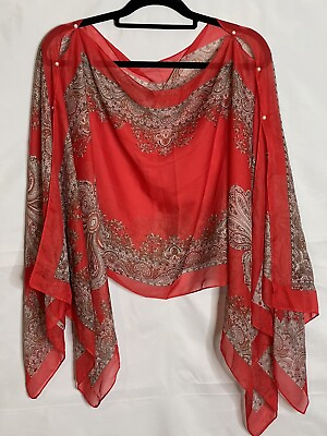 #ad Red paisley type print Sheer faux buttons Kimono Top OS