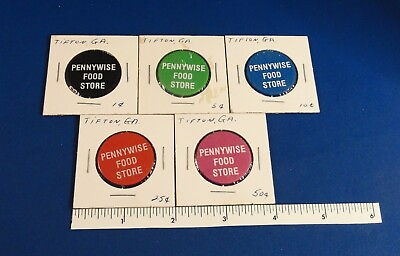 #ad Set FIVE: TIFTON GA Pennywise Food Store Food Stamp Credit Tokens 1 5 10 25 50