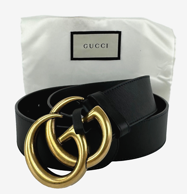 #ad Gucci New Auth Women Size 80 cm 32 in Black Leather Gold GG Buckle Belt Dust Bag