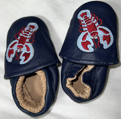 #ad L.L. Bean baby leather Crib shoes Blue LOBSTER 12 18 Mos slip on