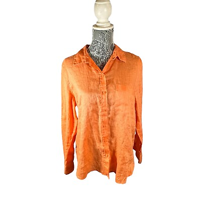 #ad Hamp;M 100% Linen Shirt Womens Peach Button Up Summer Casual Ladies Womens Medium