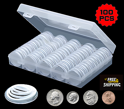 #ad 100 PCS 30MM Clear Round Coin Capsules Plastic Coin Holders amp;White Gaskets amp;Box