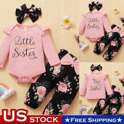 #ad 3PCS Kids Baby Girls Tracksuit Romper Tops Floral Pants Headband Outfits Clothes