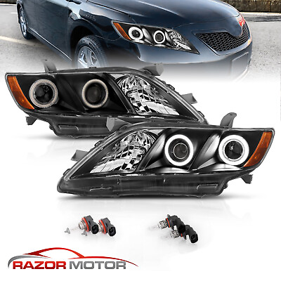 #ad Dual LED Halo For 2007 2008 2009 Toyota Camry Black Projector Headlights Pair