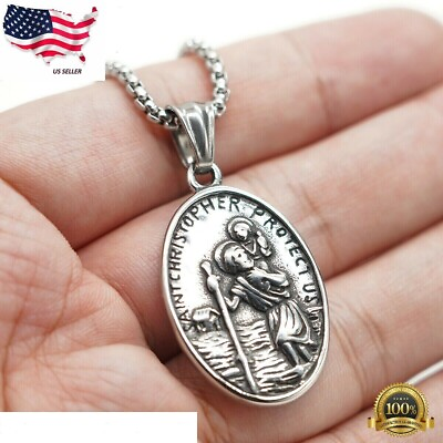 #ad MENDEL Mens St Saint Christopher Medal Pendant Necklace Stainless Steel Amulet