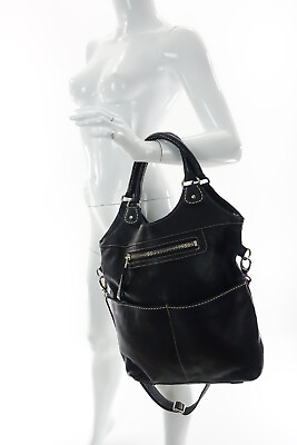 #ad Roots Canada Black Leather Lauren Bag Crossbody Shoulder Convertible Purse Large