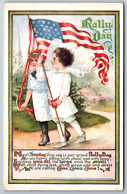 #ad Rally Day Muncie Indiana IN 1913 Sunday School Children American Flag Postcard