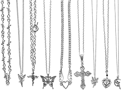 #ad 9 Pcs Grunge Necklace Set Goth Cross Fairy Thorns Gothic Angel Heart Feather Cha