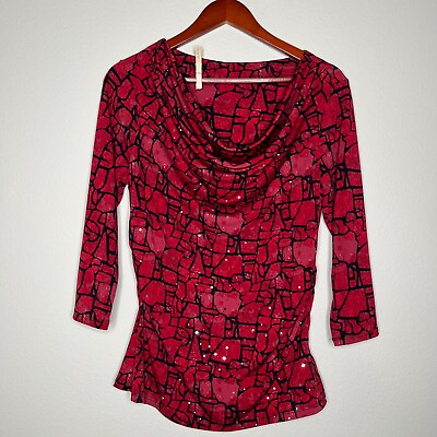 #ad Unbranded Womens Size M Scoop Neck Long Sleeve Red Sequined Ruched Top