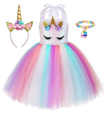 #ad Unicorn Girl Dress for Birthday Outfit Princess Costume Rainbow Tutu Dress 1 9Ys