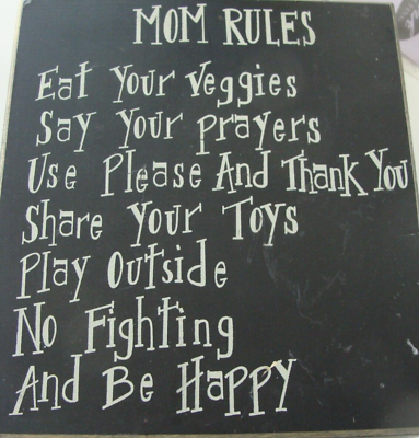 #ad MOM RULES Bamp;W Wooden Sign Cute Home Kitchen Office Decor quot;Eat Your Veggies...