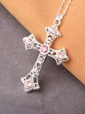#ad 1pc Silver plated Zinc Alloy Pink Cross Pendant Necklace for Women Jewelry for