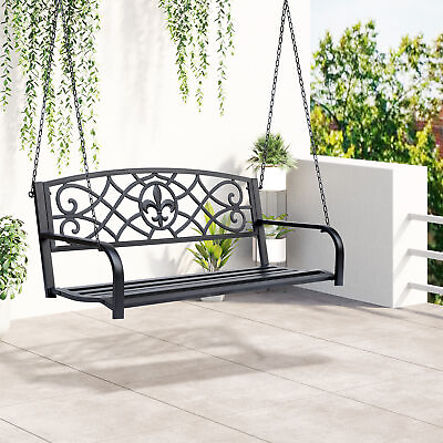 #ad Outsunny Outdoor Steel Fleur De Lis Porch Swing Garden Hanging Bench Black