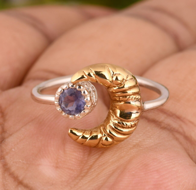#ad Designer Moon Gemstone Rings Gold amp; White Tone Silver Brass Ring In Iolite Stone