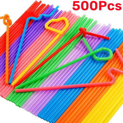 #ad 500X Neon Straws Flexible Bendy Birthday Party Plastics Drinking Straws BPA Free
