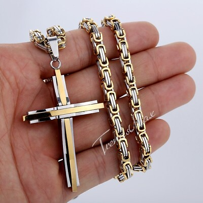 Mens Silver Gold Plated Cross Pendant Necklace Stainless Steel Byzantine Chain