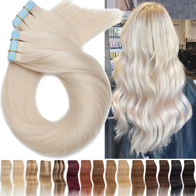 #ad 80PCS Invisible Tape In Skin Weft Remy Human Hair Extensions Thick Blonde 200G