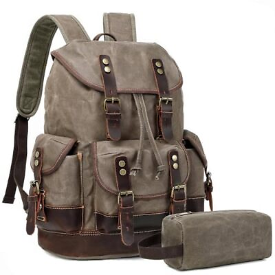#ad Leather Backpack for Men Waxed Canvas Vintage Backpack Rucksack for Business