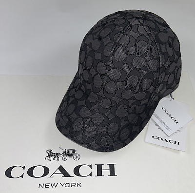 #ad COACH Baseball Hat Unisex XS S Black Jacquard SIGNATURE C Leather Strap $128 NEW