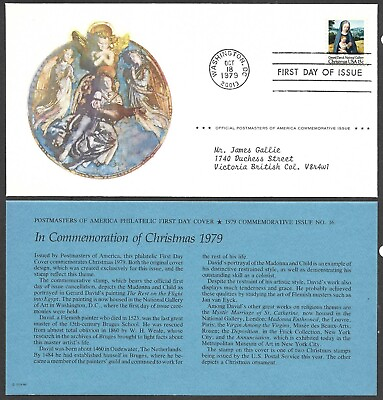 #ad US FDC 1979 CHRISTMAS STAMP SCOTT #1799 GERARD DAVID 15C POSTMASTERS