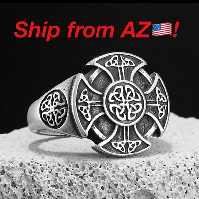 #ad VTG Look Viking Cross Celtic Knot Stainless Steel StyleSignet Mens Ring Sz 10.