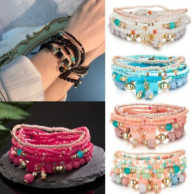 #ad 8Pcs Set Boho Multilayer Crystal Bangle Beaded Bracelet Women Jewellery Gift New