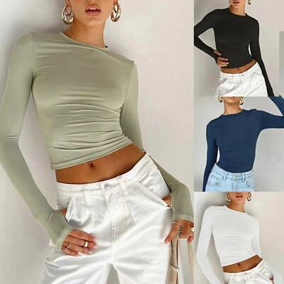 #ad T shirt Long Sleeve Crew Neck Solid Slim Fit Ladies Crop Top with Thumb Holes