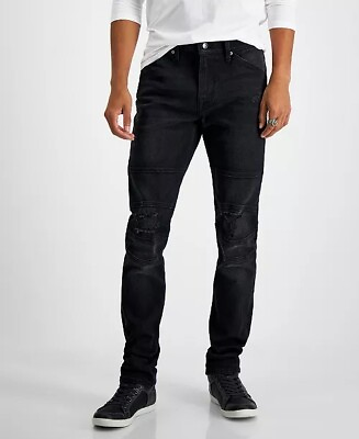 #ad Guess Men#x27;s Eco Slim Fit Tapered Mid Rise Stretch Moto Jeans in Smokesack Black