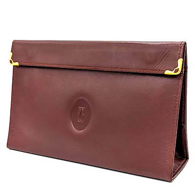 #ad CARTIER Mastline Pouch Clutch Bag Leather Bordeaux Authentic