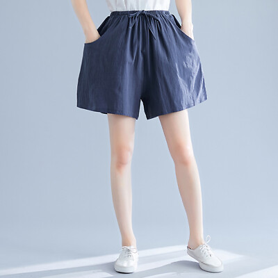 #ad Women Girl Linen Wide Leg Loose Shorts Pants Elastic Waist Skirt Look Pocket New