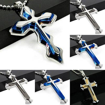 #ad Hip Hop Stainless Steel Crystal Cross Pendant Necklace for Men Gift Punk Jewelry