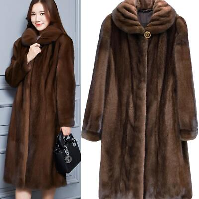 #ad Mink Fur Long Thick Winter Ladies Coat Lapel Jacket Warm Parka US