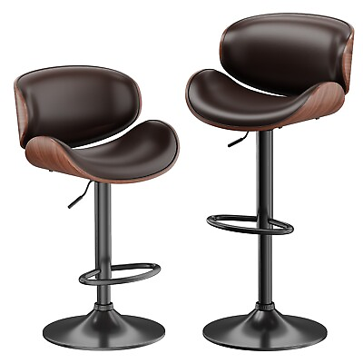 #ad Bar Stools Set of 2 Bentwood Counter Chairs PU Leather Adjustable Swivel Brown