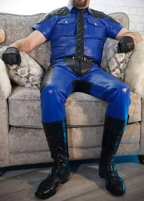 #ad Men#x27;s Real Leather Quilted Panels Pants amp; Shirt Royal Blue amp; Black Leather Suit