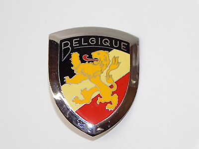 #ad Vtg Belgique Badge Rally Race Car Emblem Shield Crest Grille Enamel Chrome Part