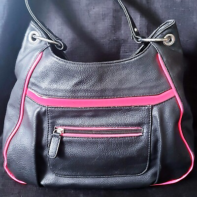 #ad Apt 9 Shoulder Bag Black Faux Leather Pink Accents Pink Interior Zip Pocket