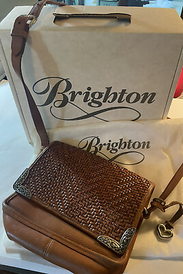 Vintage BRIGHTON Drew Brown Basket Weave Leather Crossbody Purses Orig Box amp; Bag $34.00