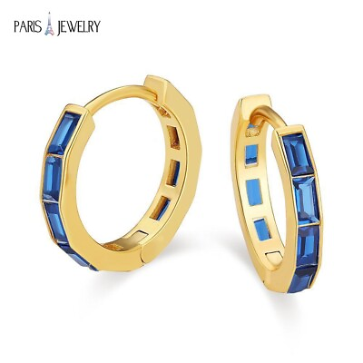 #ad Paris Jewelry 18K Yellow Gold Created Blue CZ 3Ct Huggie Hoop Earrings Plated